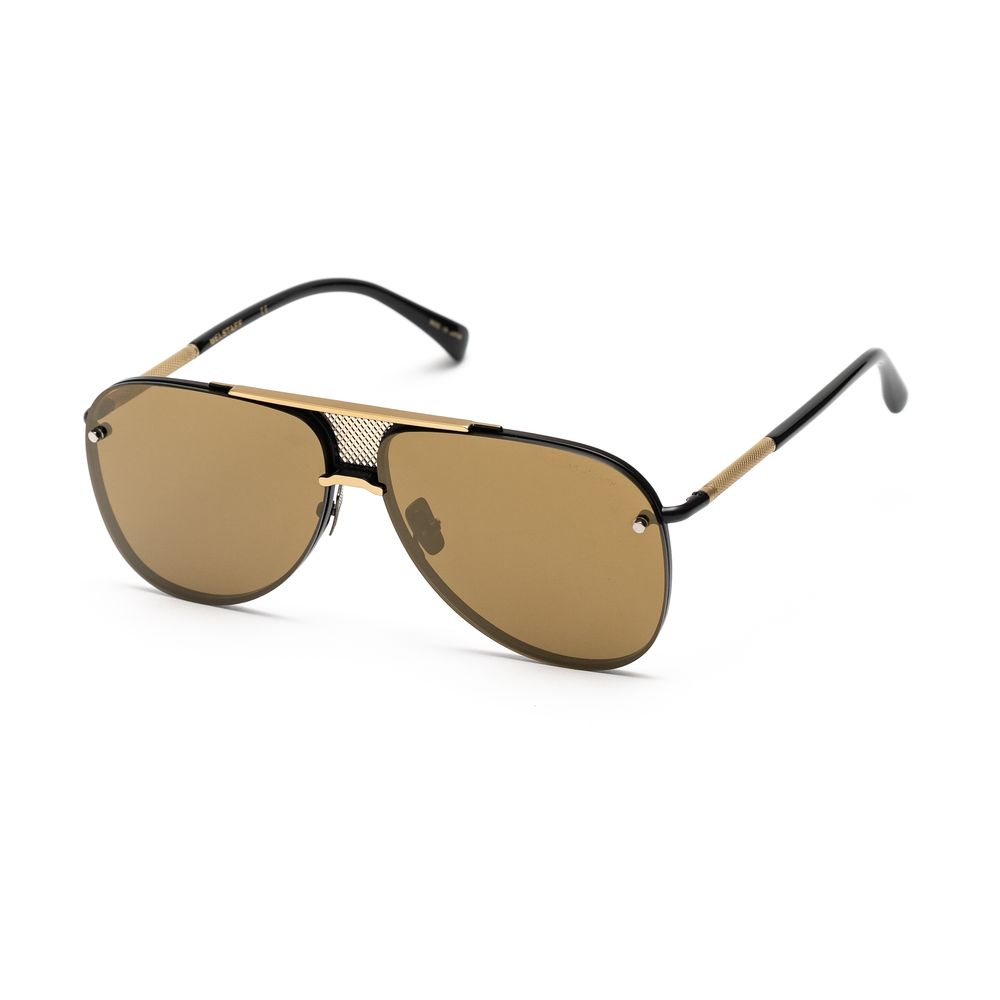 Modern aviator sunglasses with brown lenses, black and gold metal frame, and mesh detail