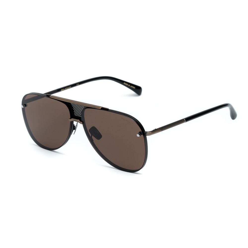 Stylish aviator sunglasses with brown lenses and black metal frame on white background