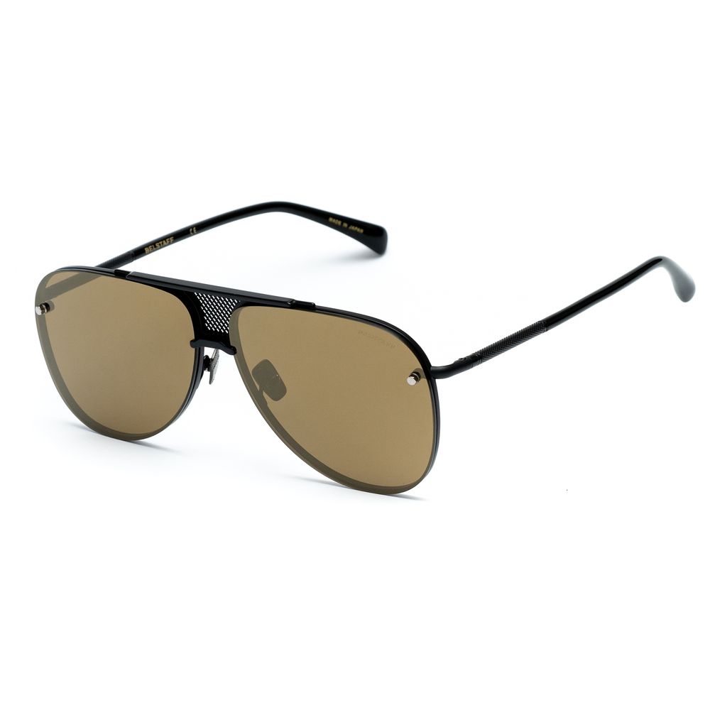 Black metal aviator sunglasses with brown tinted lenses on white background