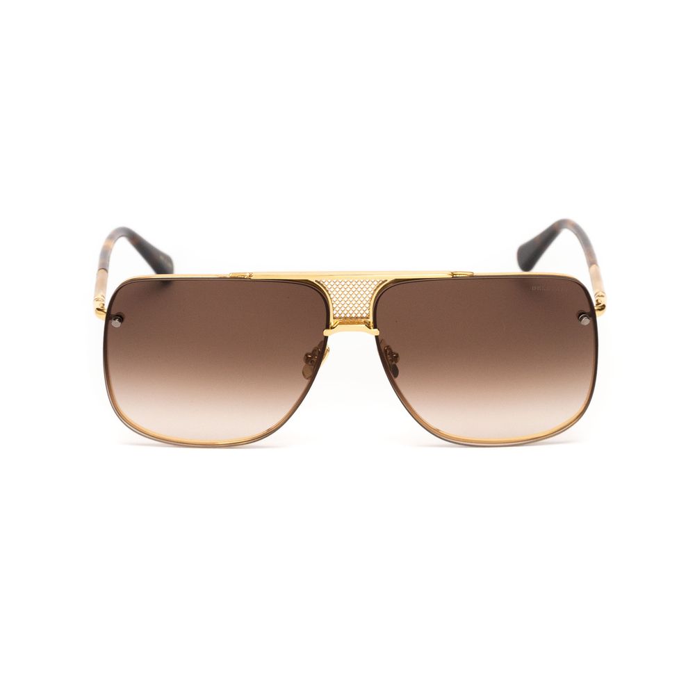 Gold frame sunglasses with brown gradient lenses and tortoiseshell temple tips on white background