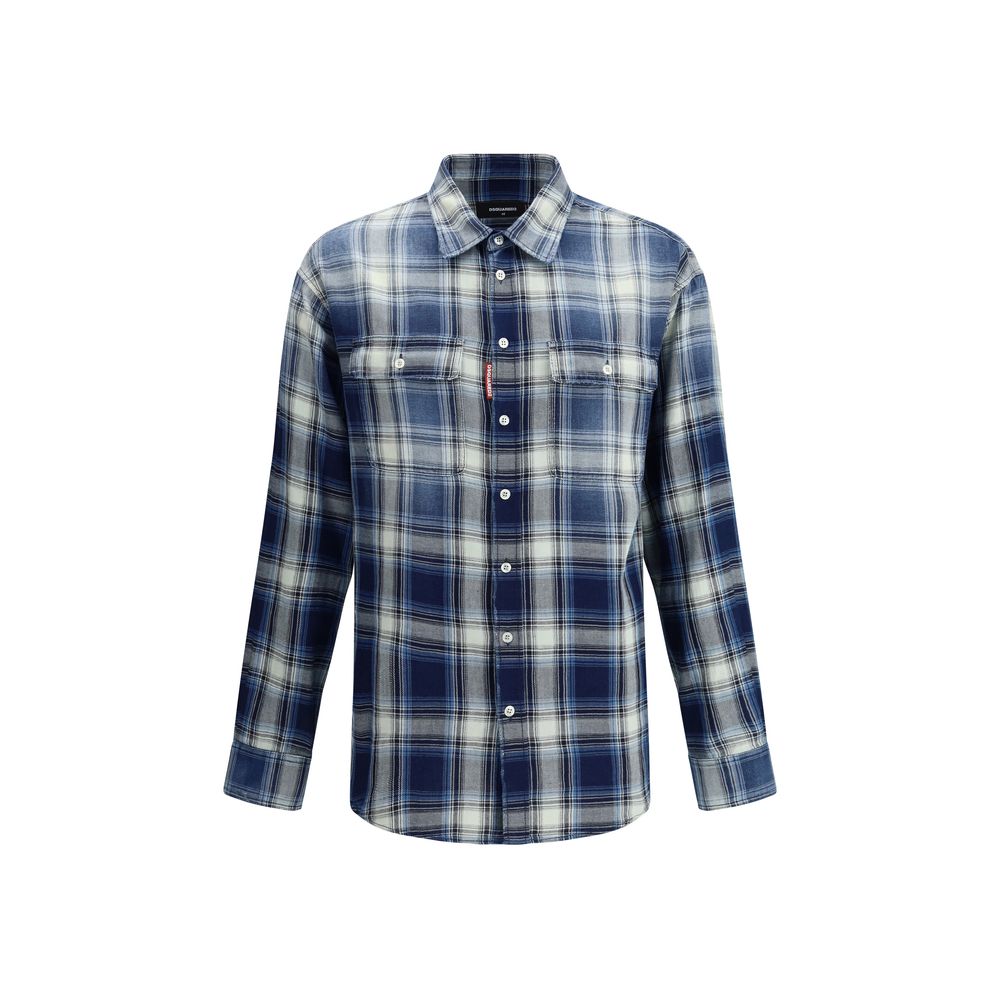 Blue and white plaid button-up long sleeve shirt with chest pockets