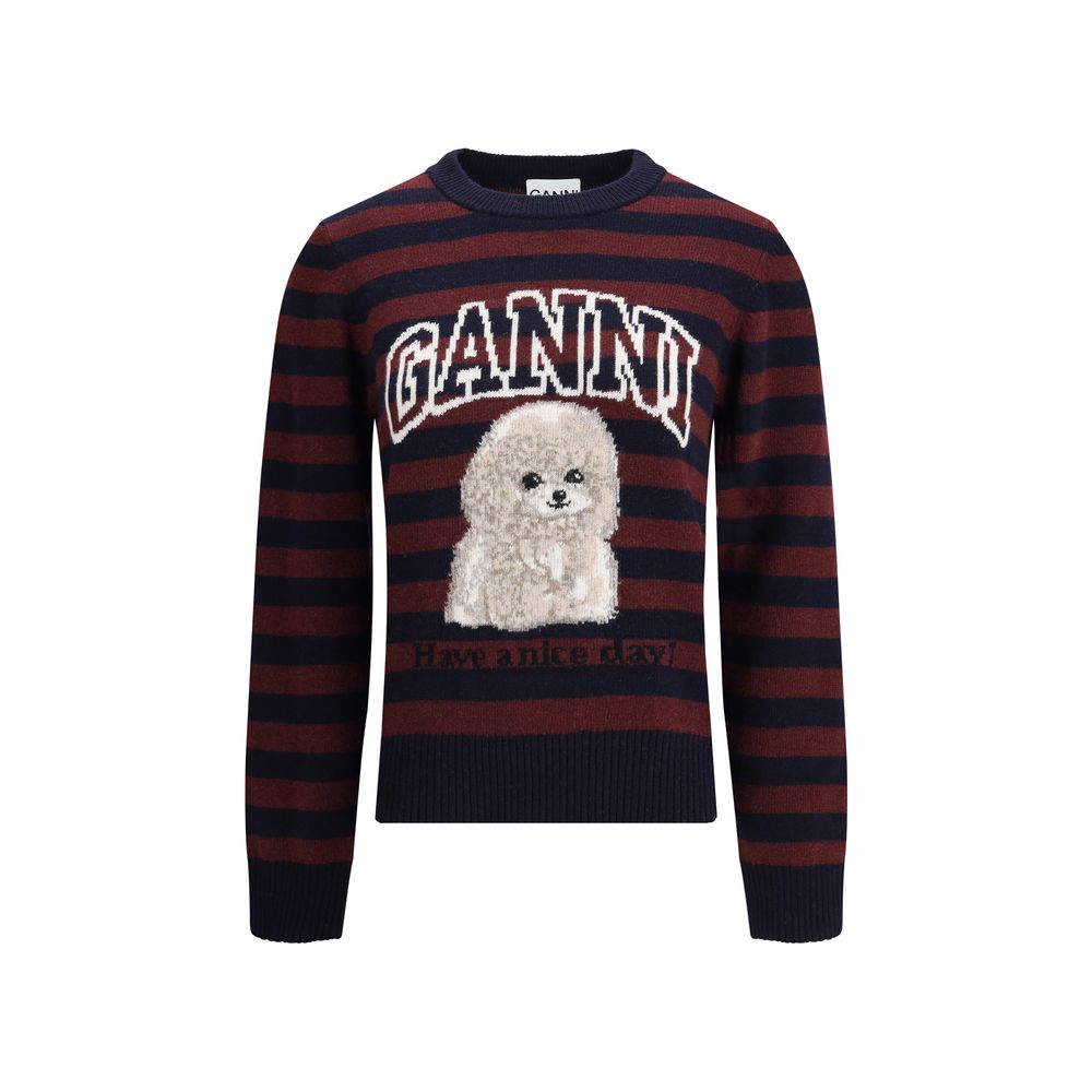 Striped navy and brown Ganni sweater with dog graphic and 'Have a nice day!' text