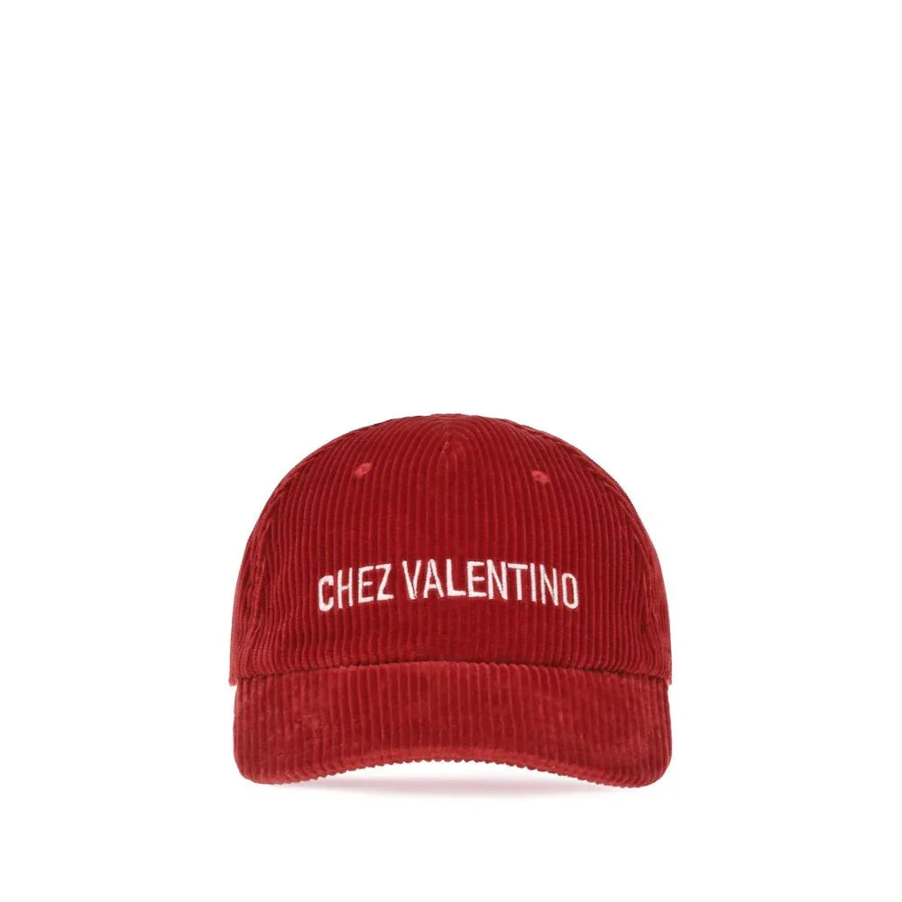 Red corduroy baseball cap with white 'CHEZ VALENTINO' embroidered logo
