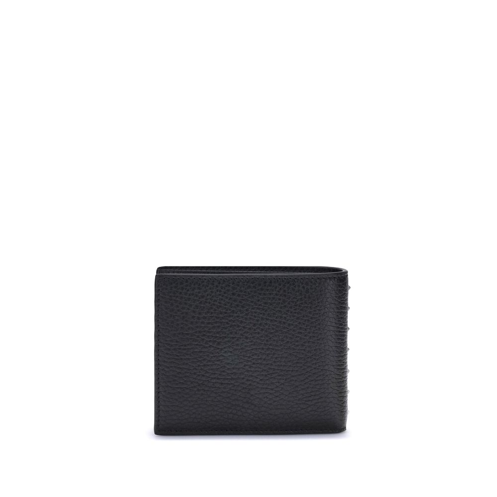 Black textured leather bifold wallet with Valentino branding on white background