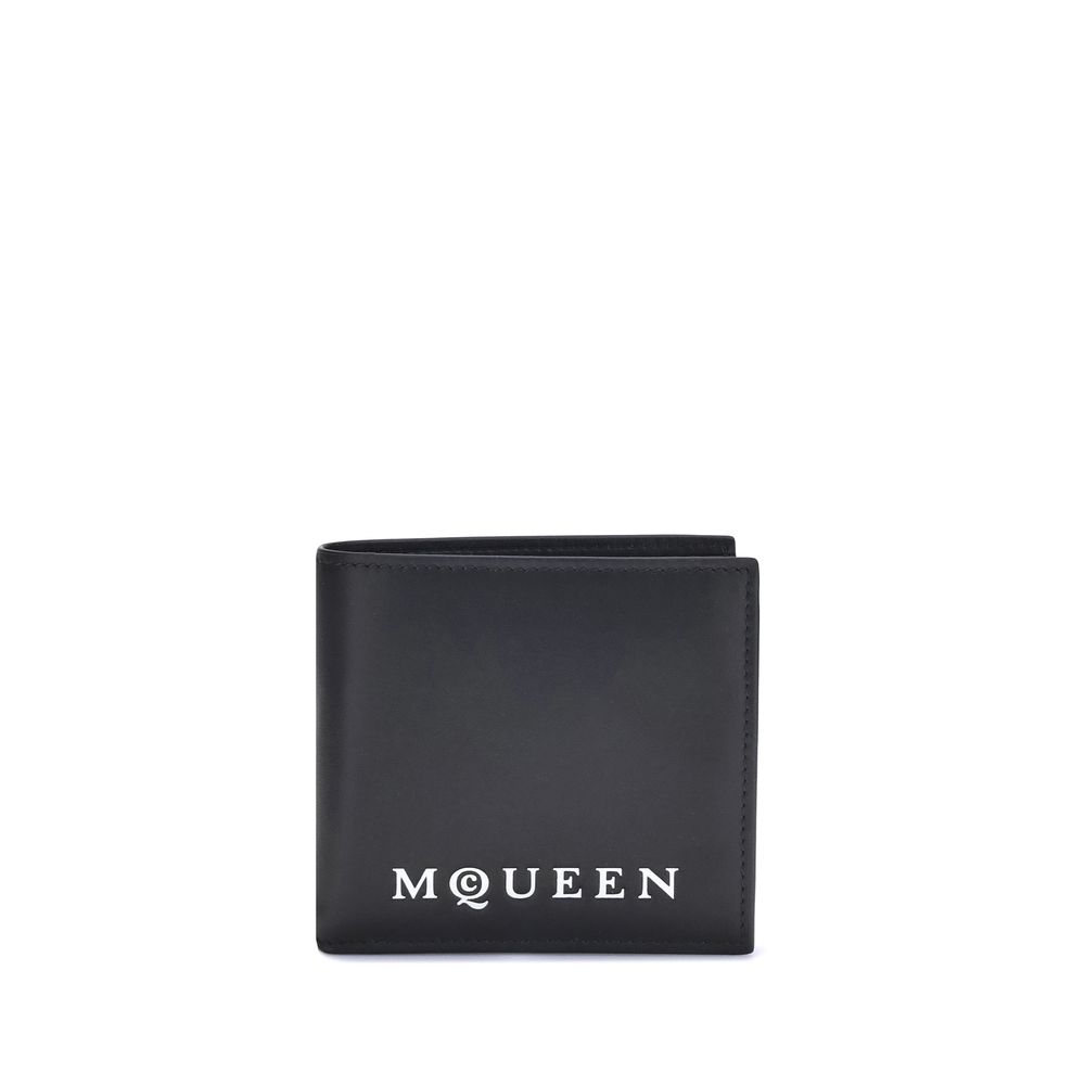 Black leather bi-fold wallet with white M©QUEEN logo on front