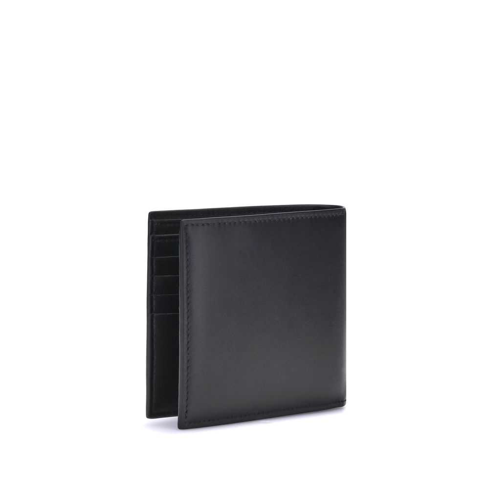 Black leather bi-fold wallet with white M©QUEEN logo on front