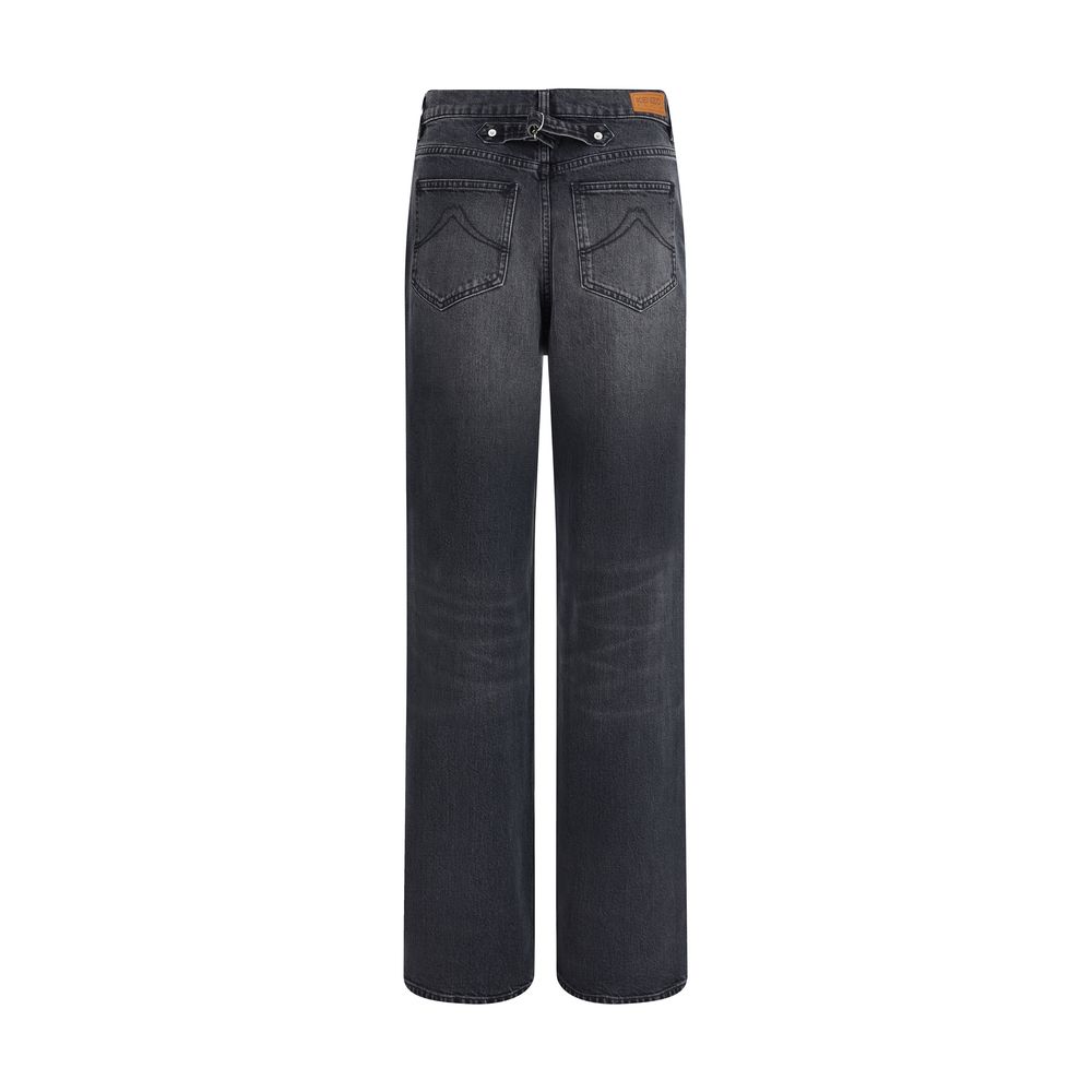High-waisted black straight-leg denim jeans with front buttons and subtle fading