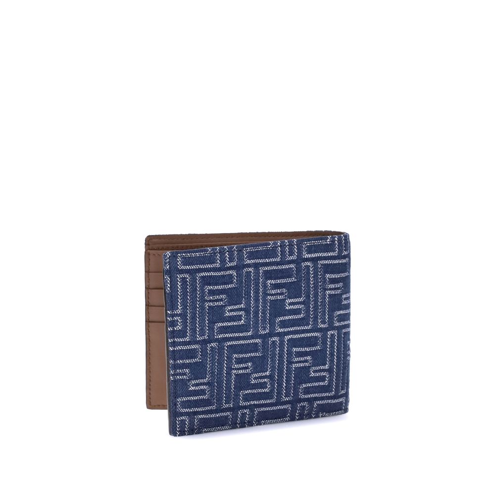 Fendi blue wallet with embossed FF logo pattern and silver Fendi Roma branding