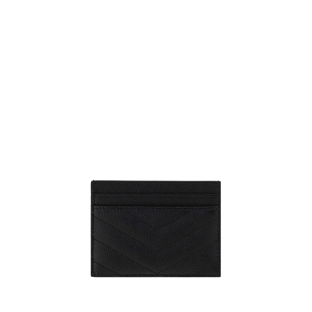 Black YSL leather card holder with gold logo and chevron stitching