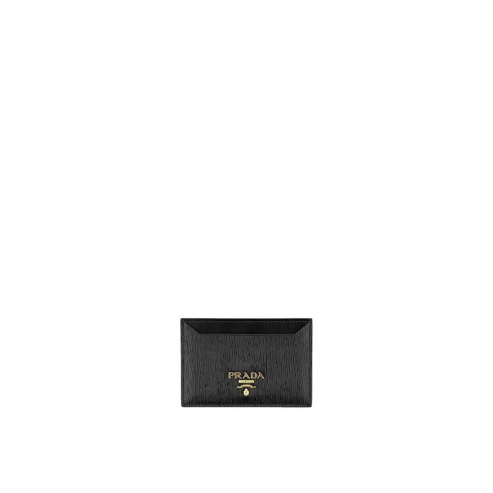 Black Prada cardholder with textured leather and gold logo on white background