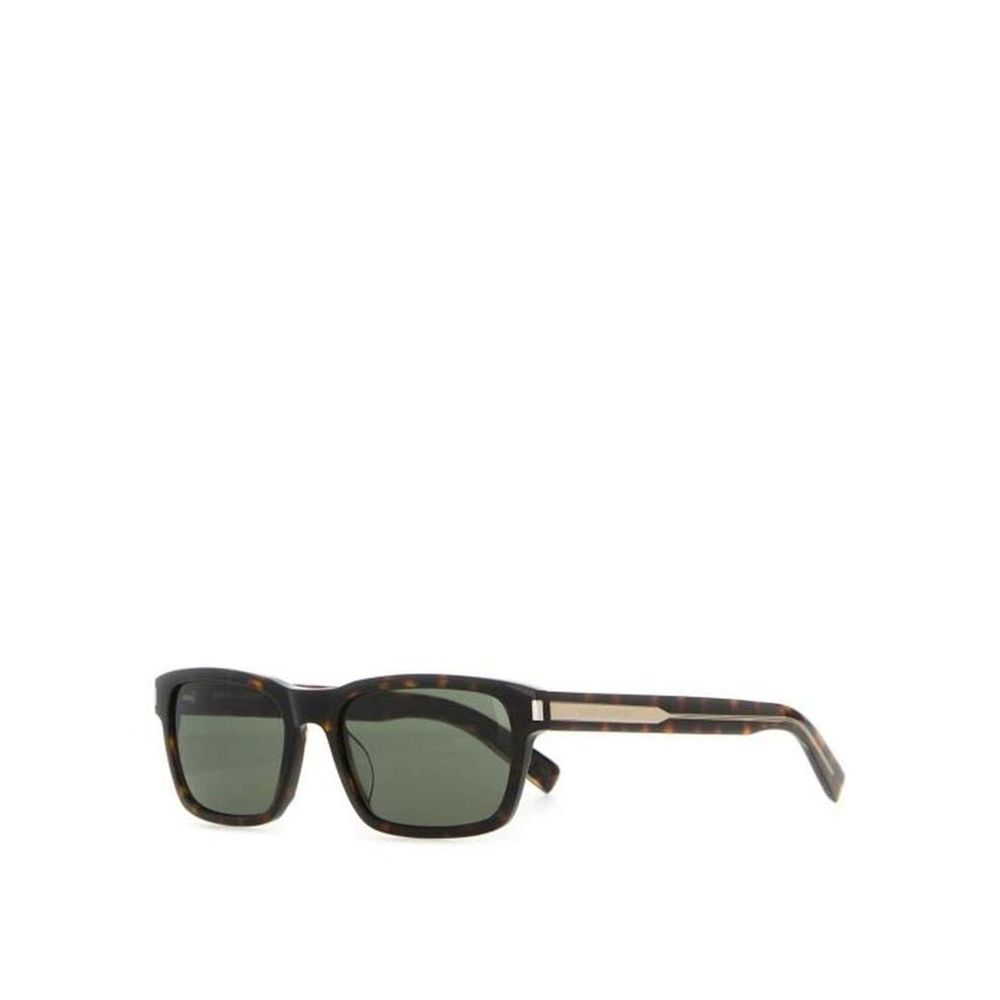 Rectangular tortoiseshell frame sunglasses with dark green lenses on white background