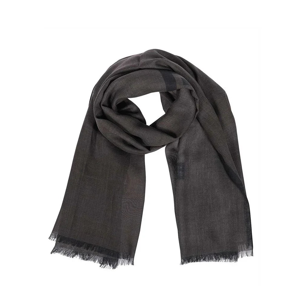 Folded dark brown scarf with subtle black geometric pattern and fringed edge on white background