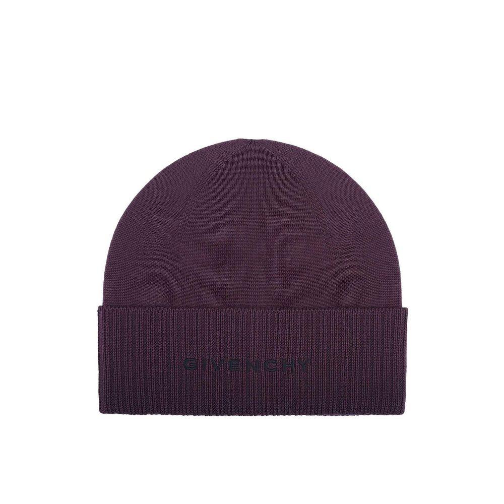 Dark purple knitted beanie hat with cuff and Givenchy logo embroidery
