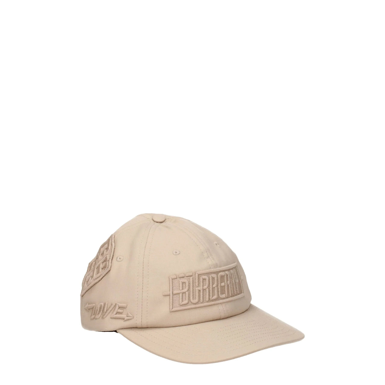 Beige Burberry baseball cap with raised embroidered logos and text on front and side