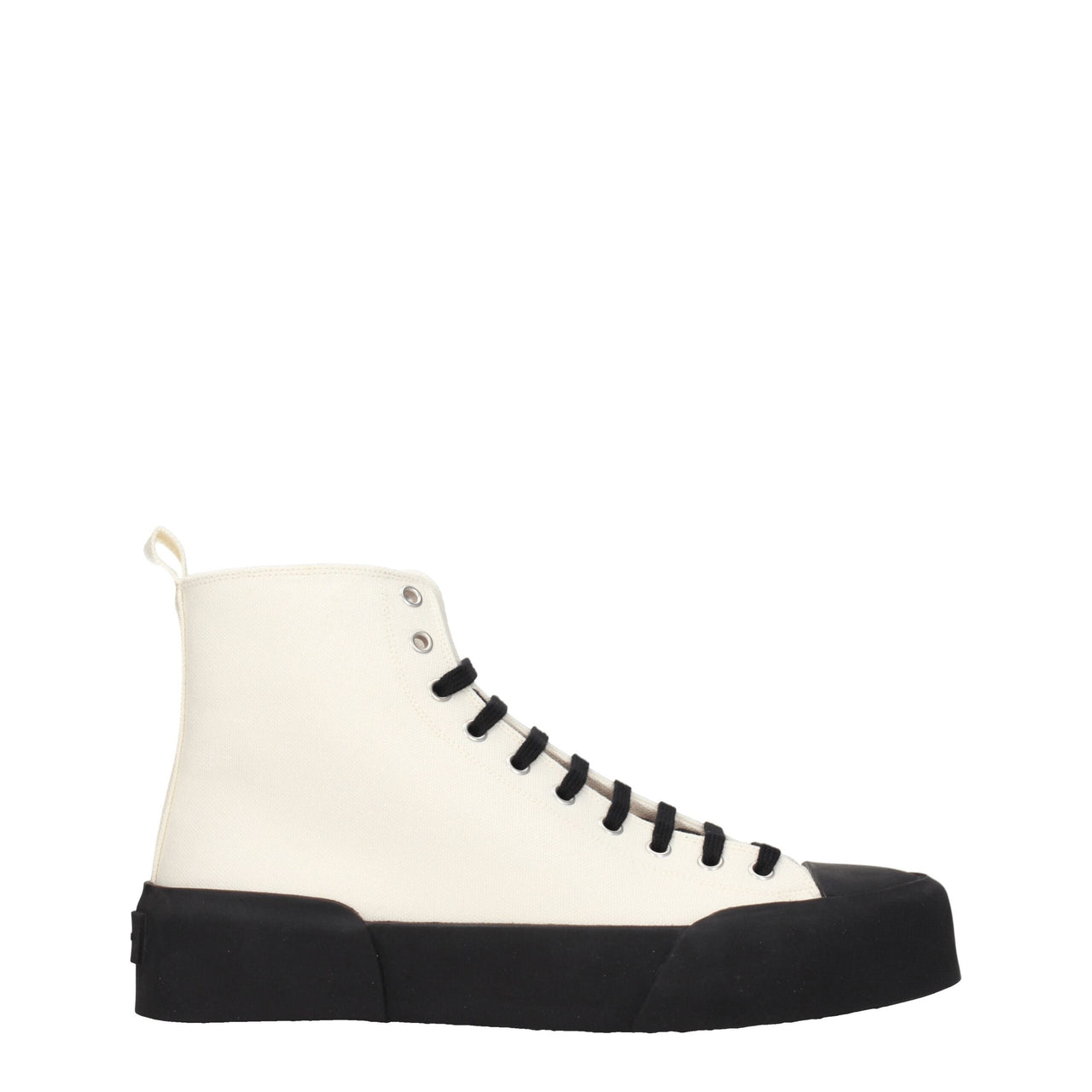 White high-top canvas sneaker with black laces and thick black rubber sole, side view