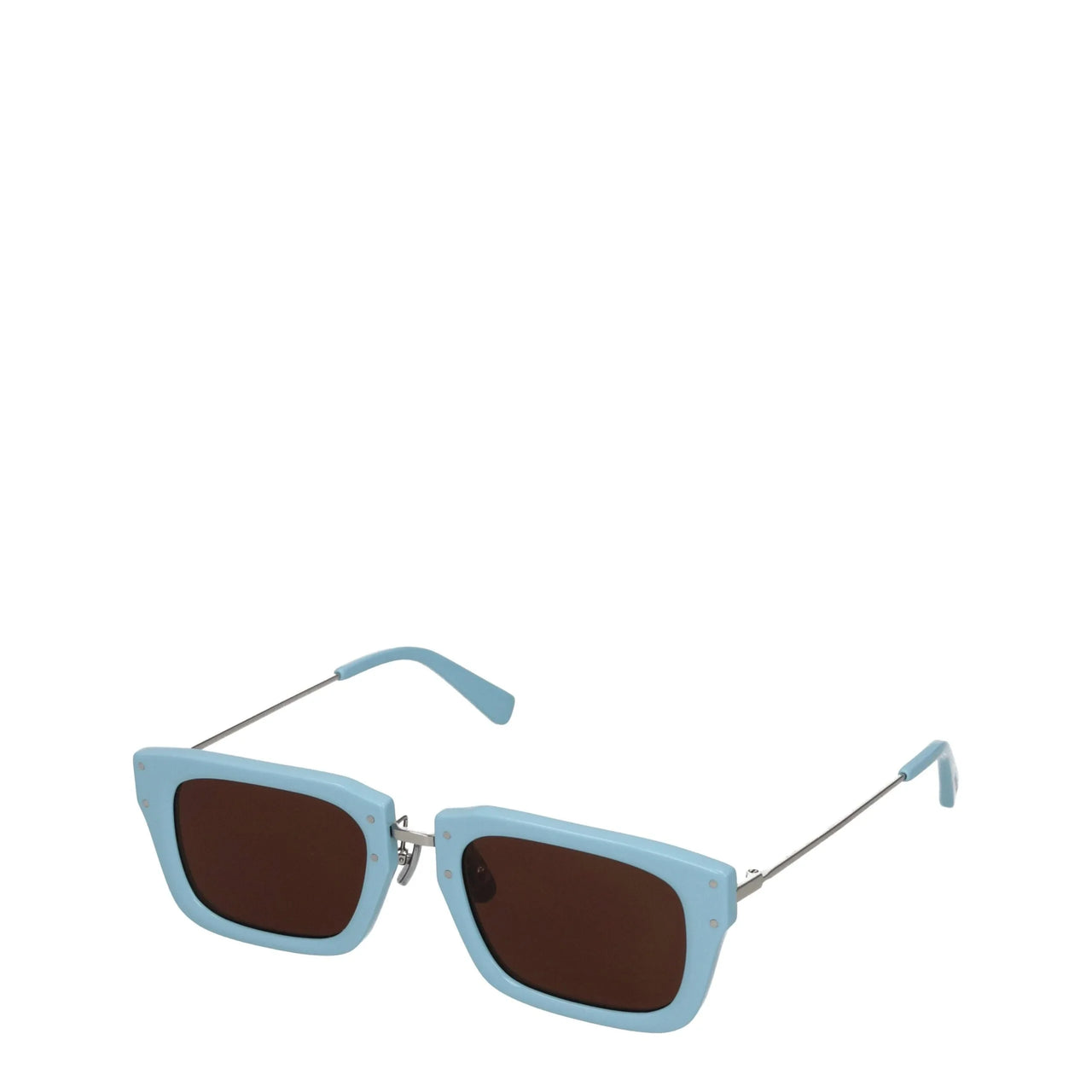 Stylish blue square sunglasses with brown lenses and thin silver metal temples