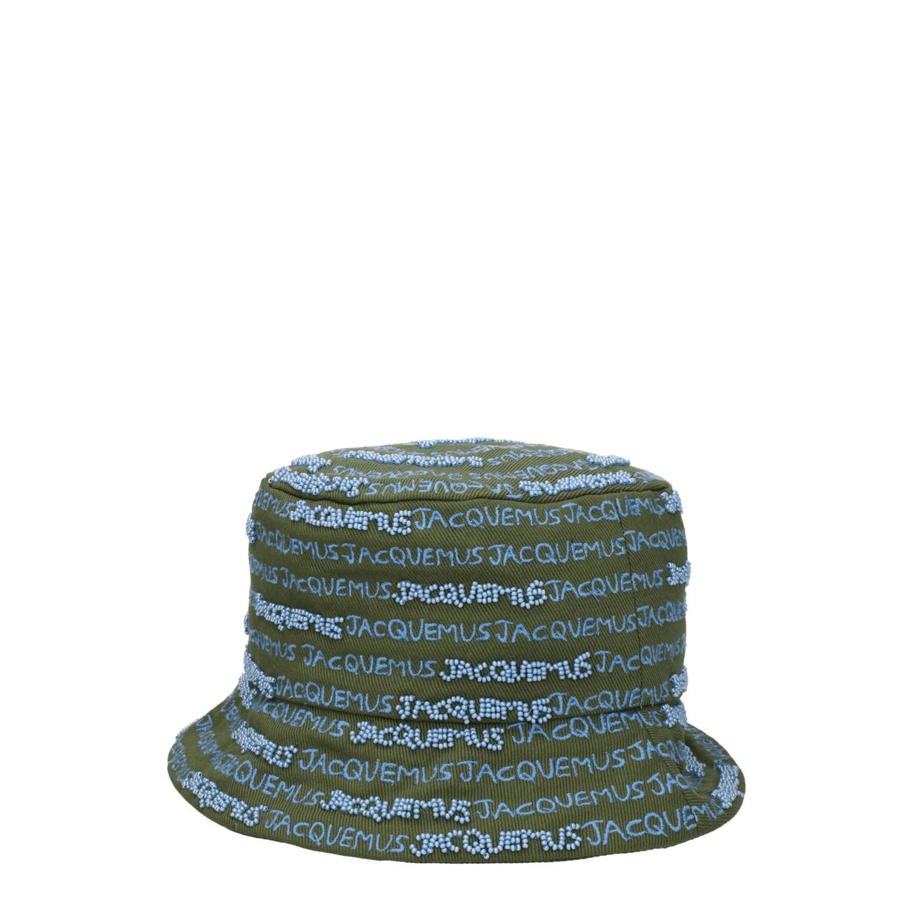 Olive green bucket hat with repeated blue Jacquemus logo embroidery