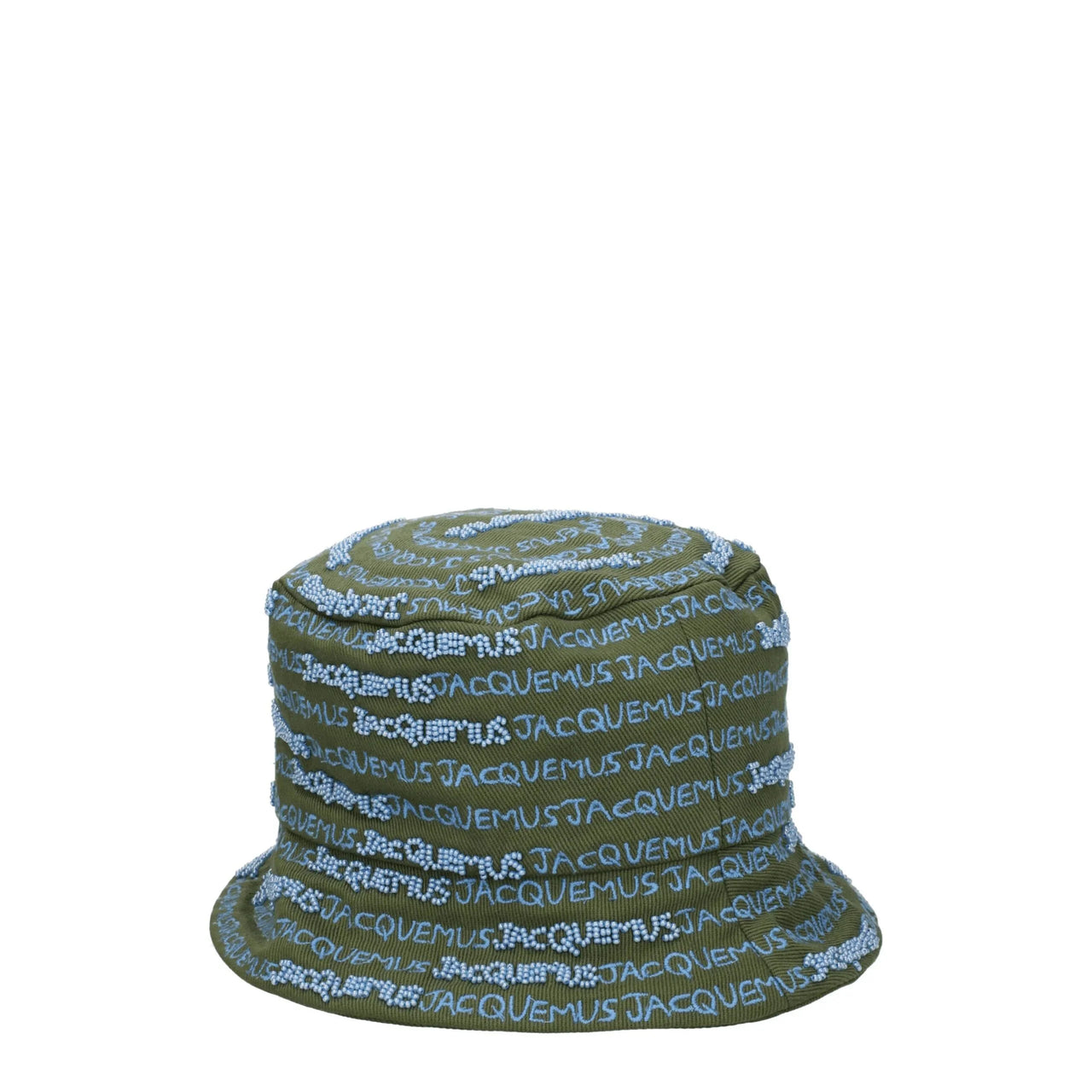 Olive green bucket hat with repeated blue Jacquemus logo embroidery