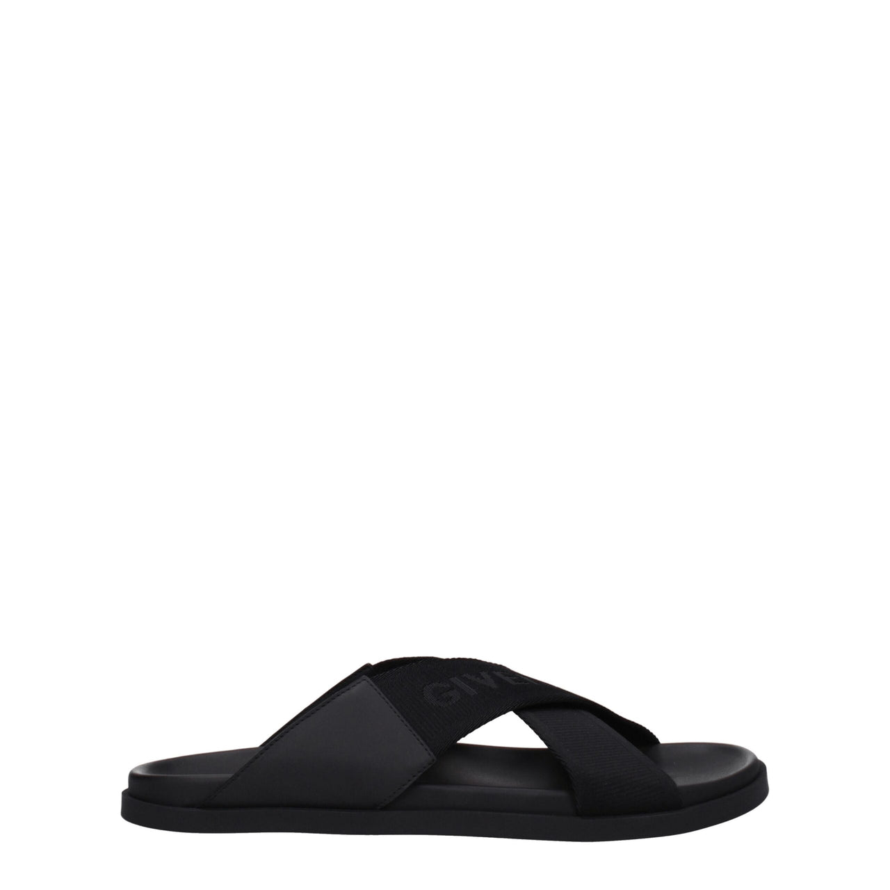 Minimalist black slide sandal with crisscross fabric straps and cushioned sole