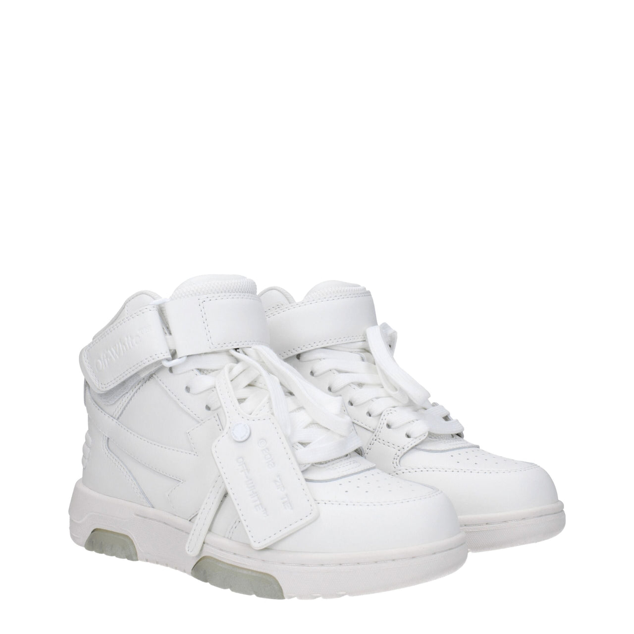 White Off-White high-top sneaker with arrow logo, strap, and branded tag on white background