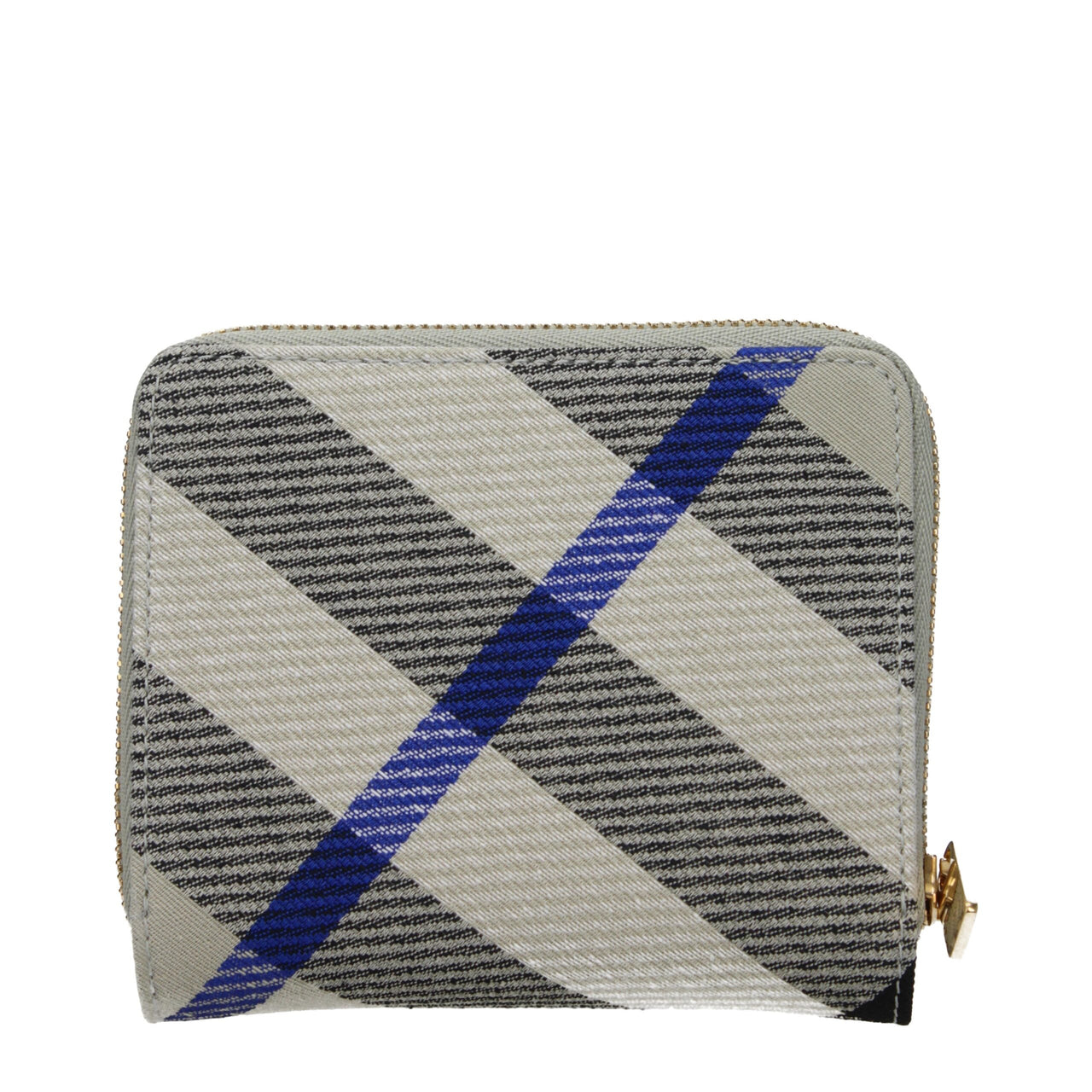 Compact plaid fabric wallet with black, beige, and blue diagonal stripes and gold zipper