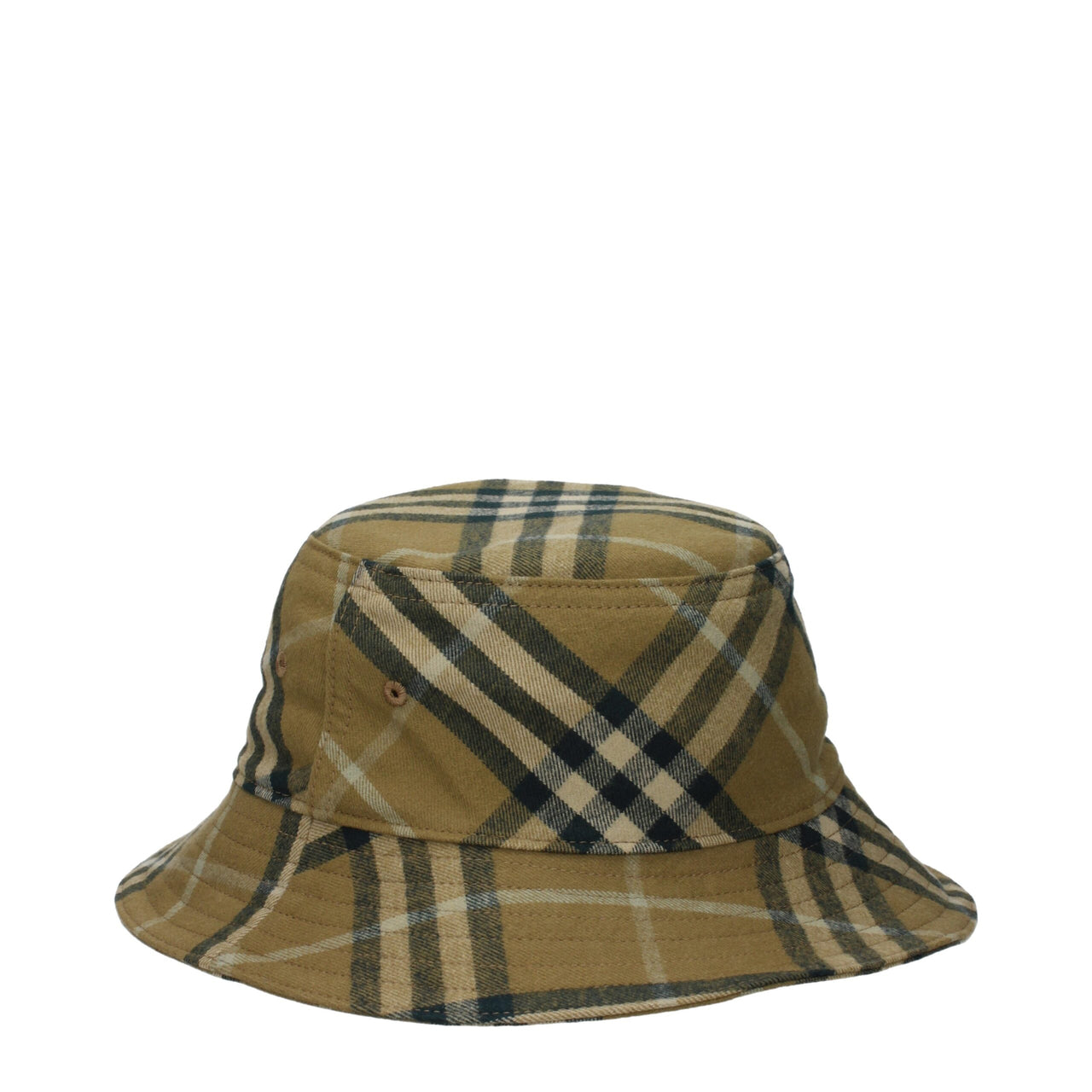 Tan plaid bucket hat with black and beige check pattern, casual fashion accessory