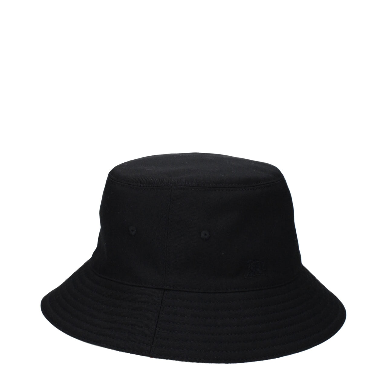 Black cotton bucket hat with stitched brim and ventilation eyelets on white background