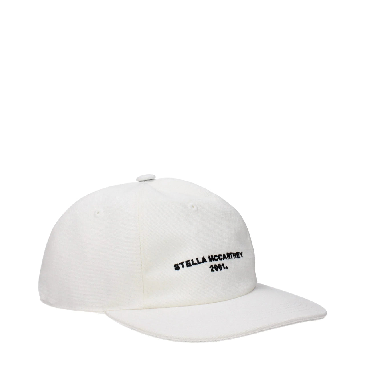 White cap with black embroidered text Stella McCartney 2001 on front