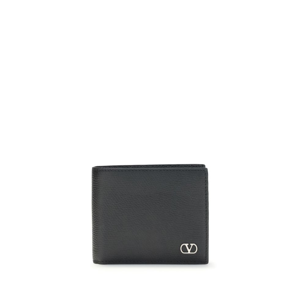 Black leather bi-fold wallet with silver logo on white background