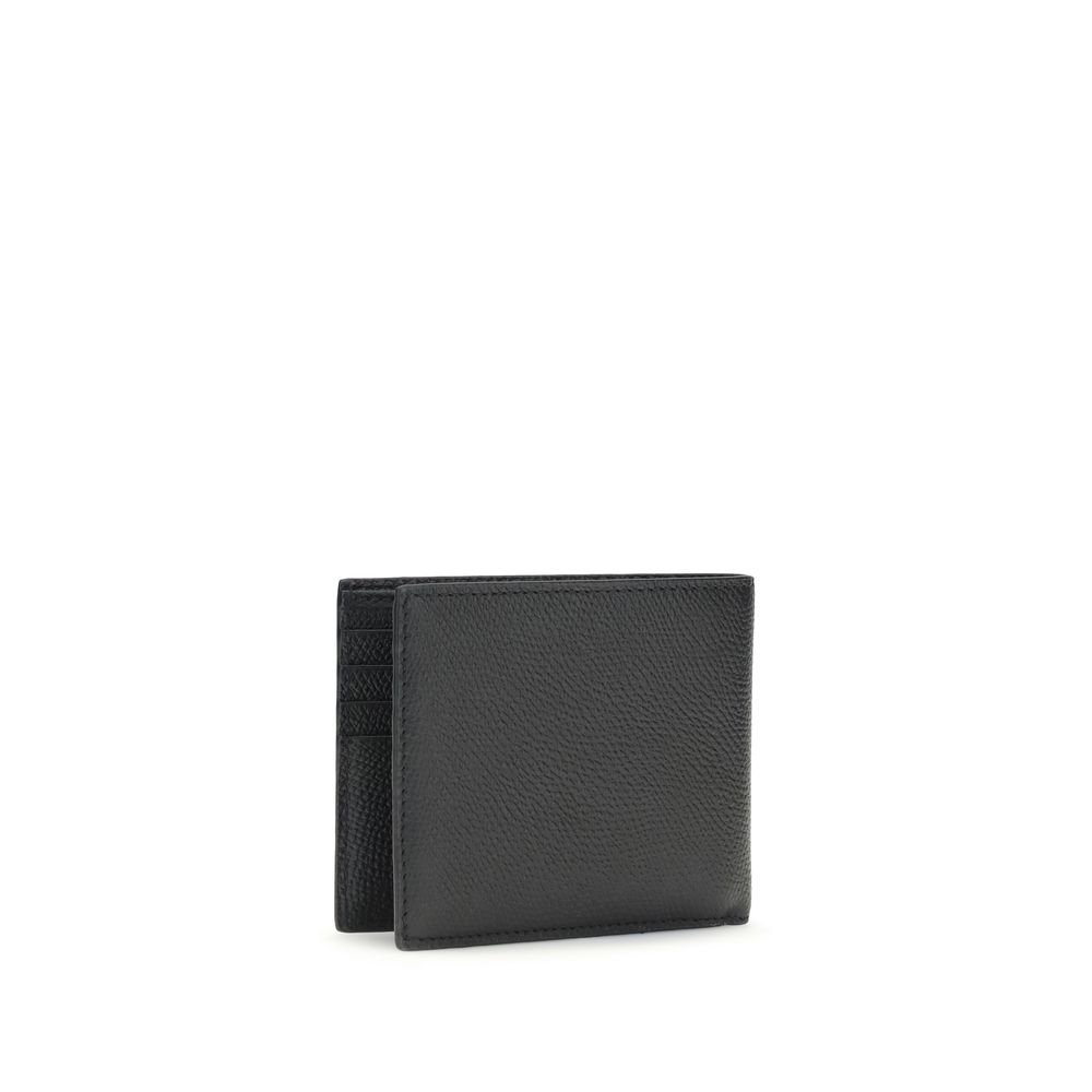 Black leather bi-fold wallet with silver logo on white background