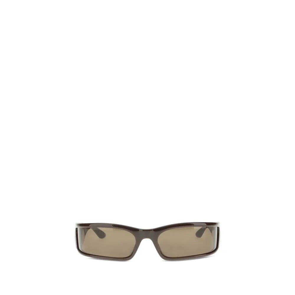 Brown rectangular wraparound sunglasses with tinted lenses on white background