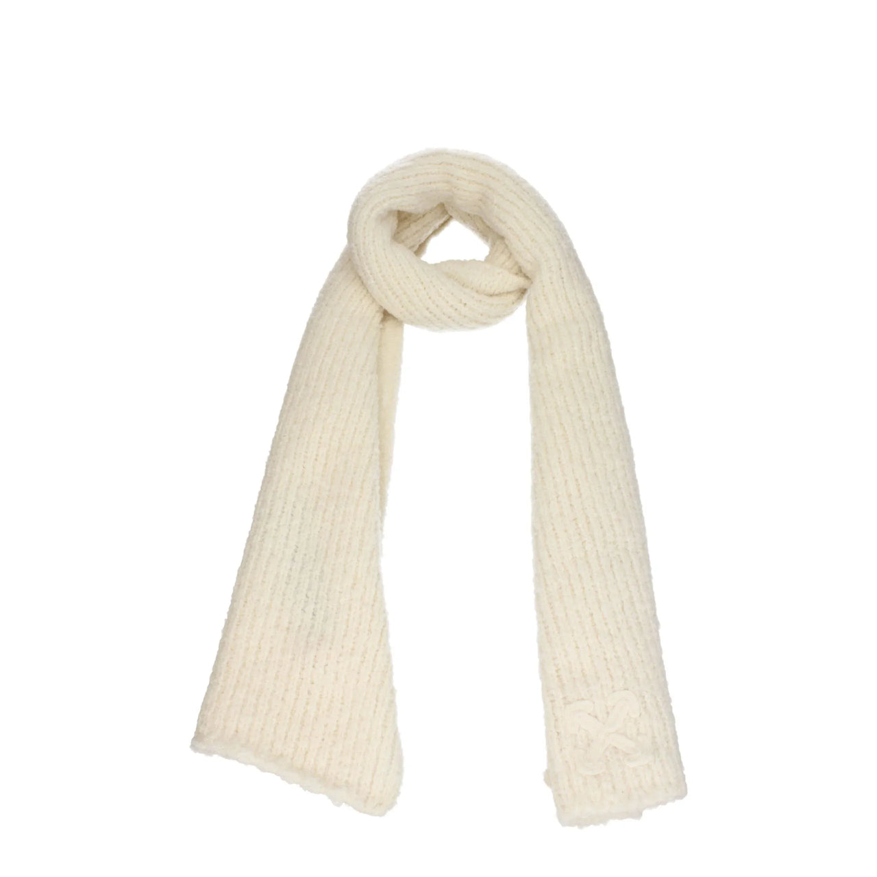Soft cream knit scarf with ribbed texture and subtle floral embroidery on white background
