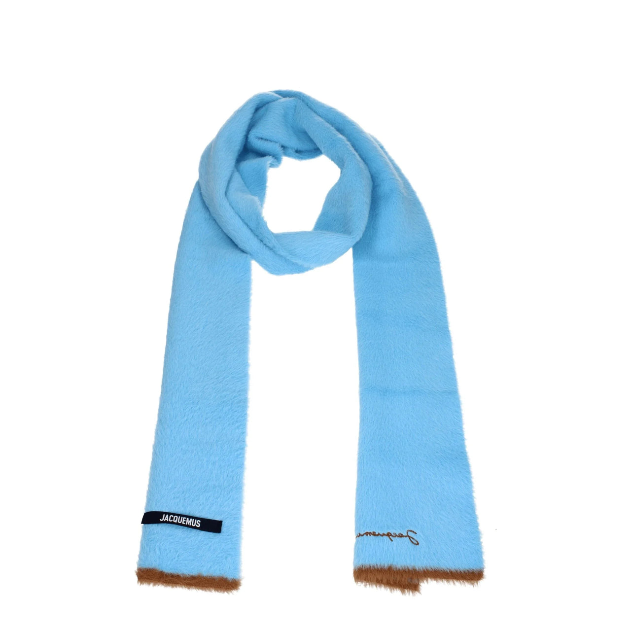 Light blue Jacquemus fur scarf with brown edges and logo patch on white background