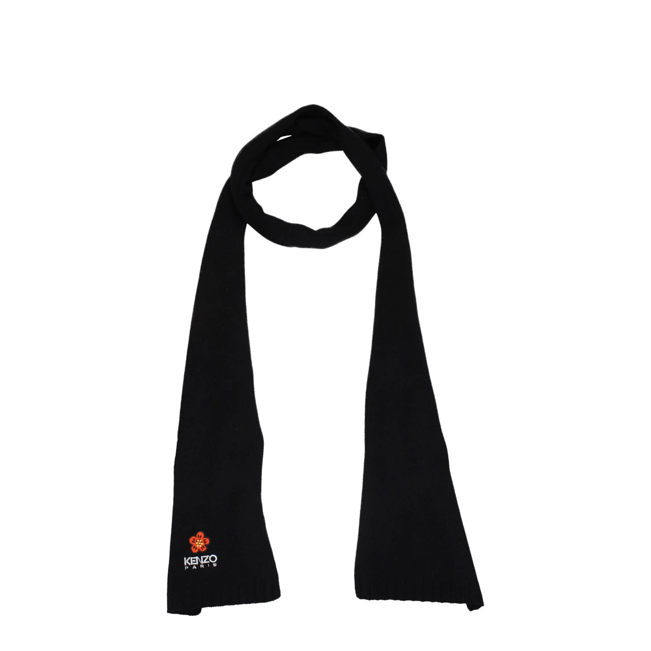 Black knitted Kenzo Paris scarf with red flower logo embroidered on one end