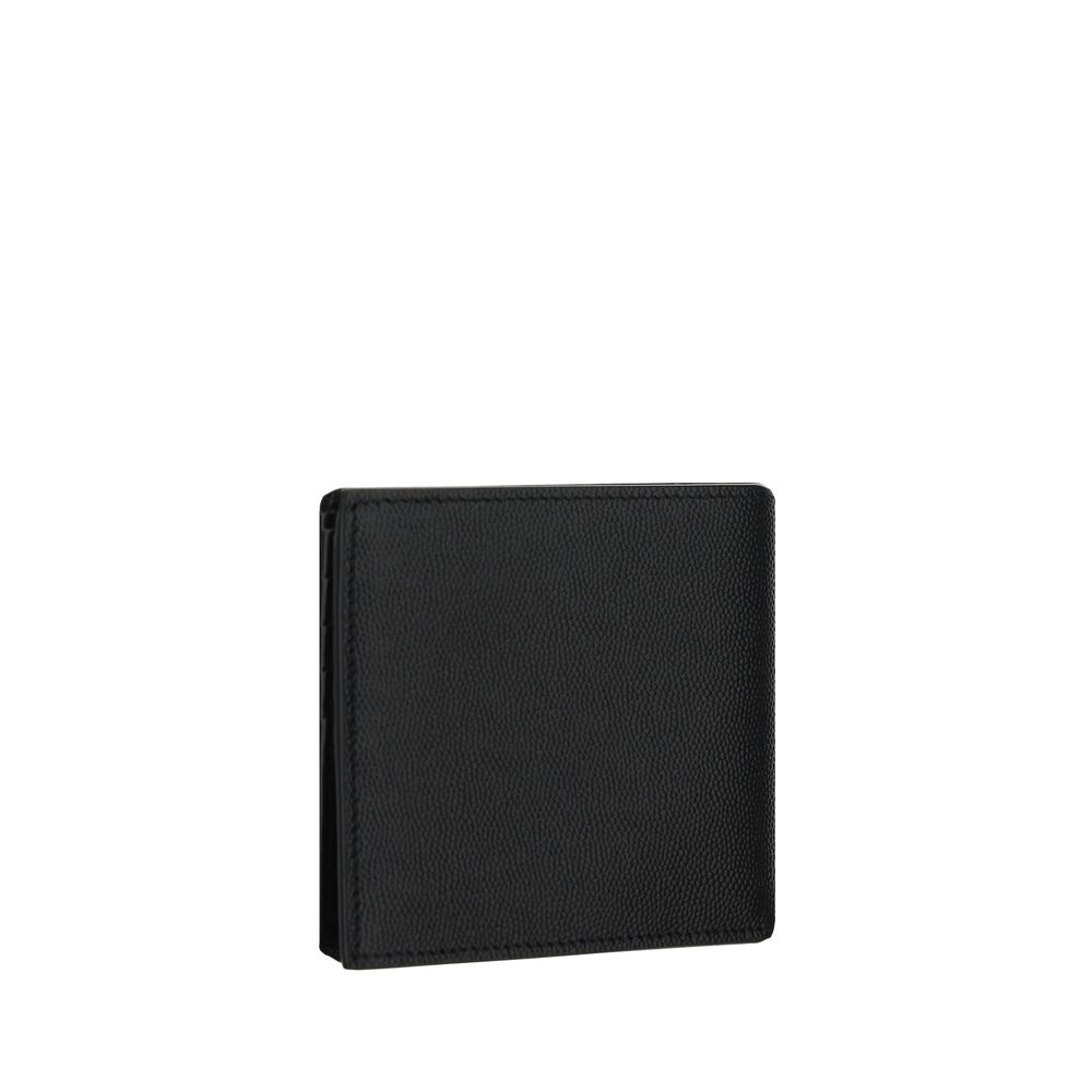 Black Saint Laurent Paris leather wallet with textured surface on white background