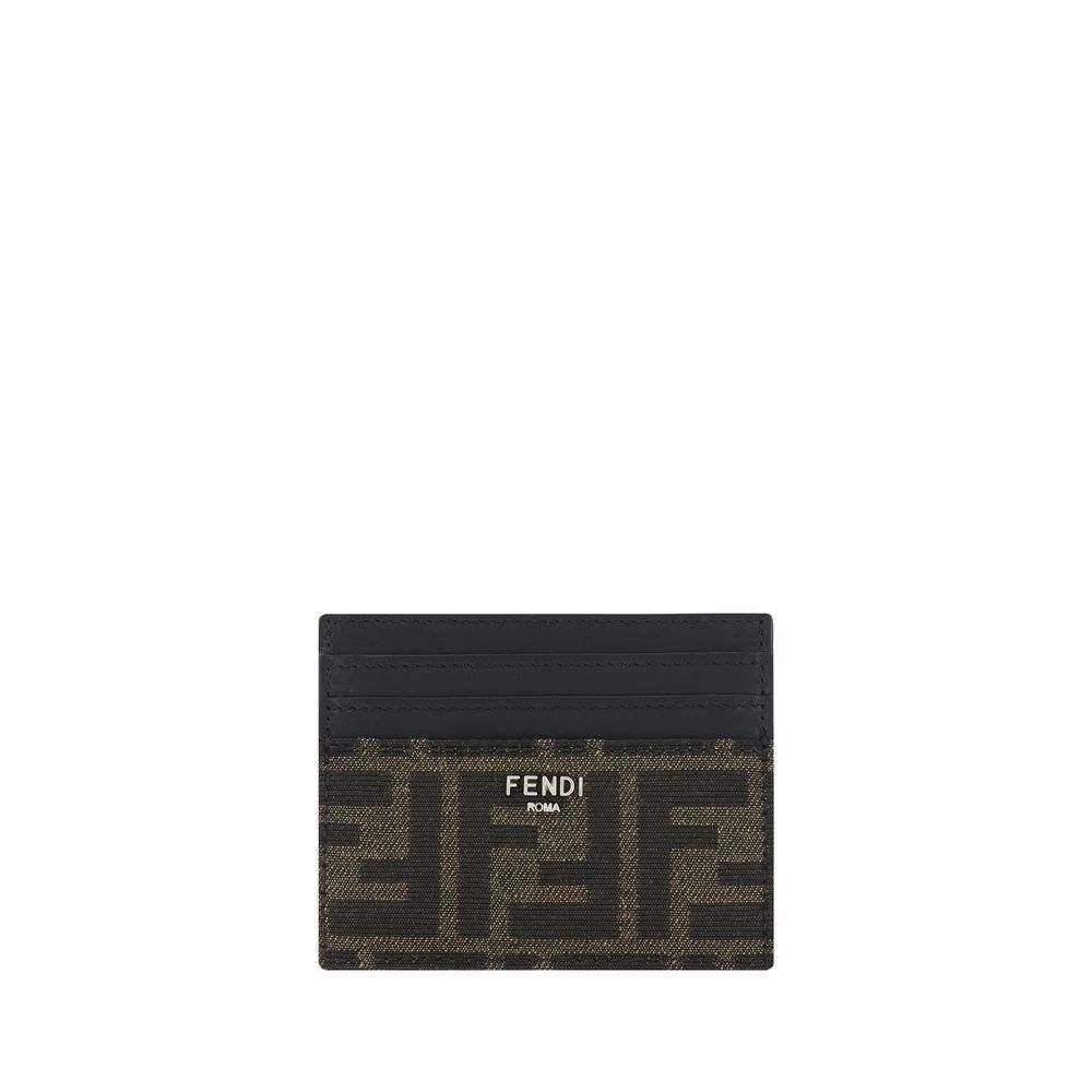 Fendi Roma brown and black leather cardholder with FF logo pattern and card slots