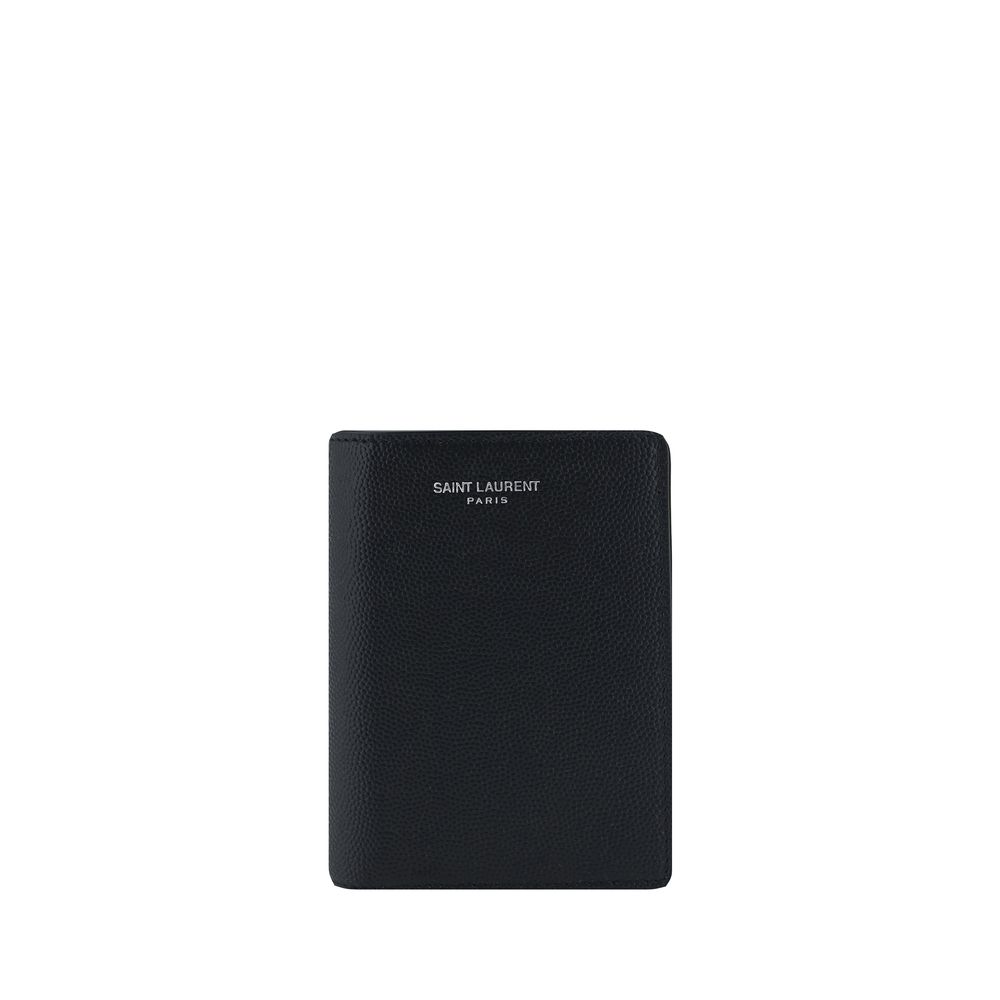 Black Saint Laurent Paris leather wallet with textured finish isolated on white background