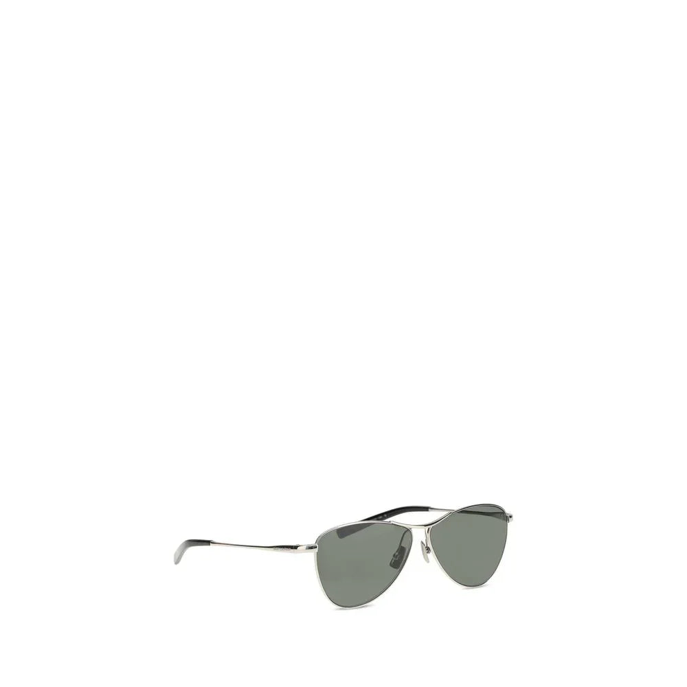 Silver metal aviator sunglasses with dark tinted lenses on white background