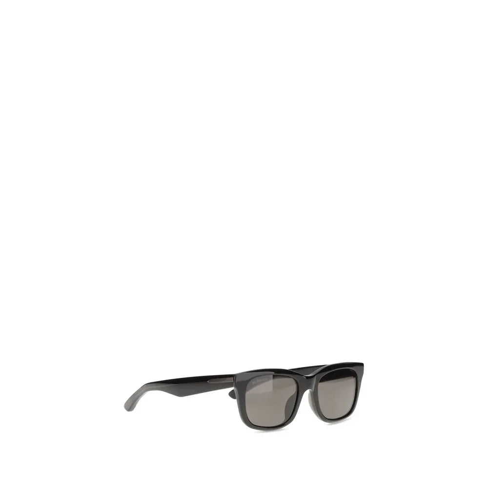 Black rectangular sunglasses with tinted gray lenses on white background