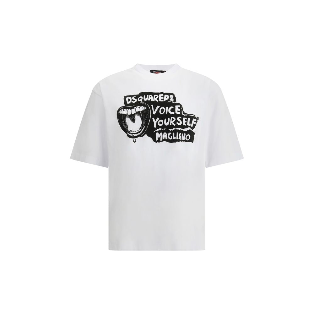 White Dsquared2 t-shirt with black graphic mouth and text Voice Yourself Magliano