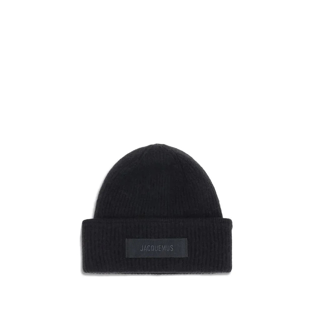 Black ribbed knit beanie hat with folded cuff and Jacquemus logo patch