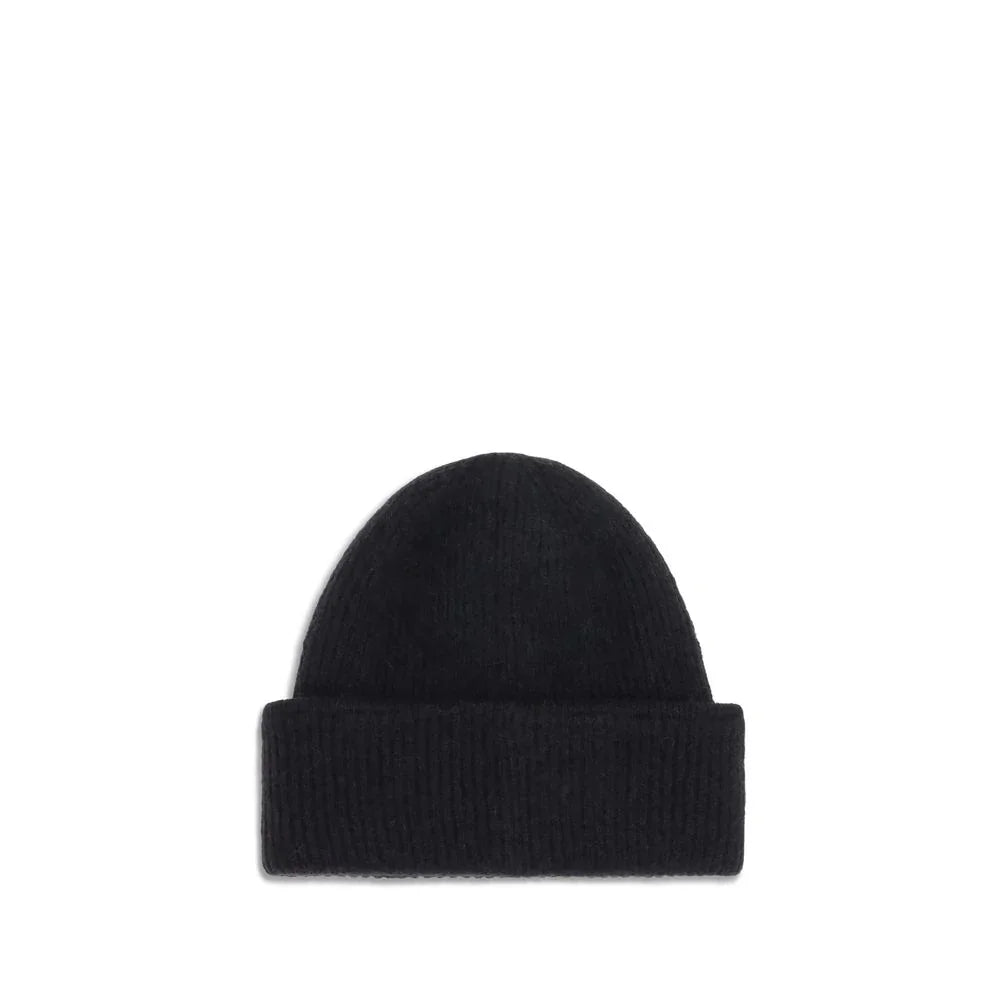 Black ribbed knit beanie hat with folded cuff and Jacquemus logo patch