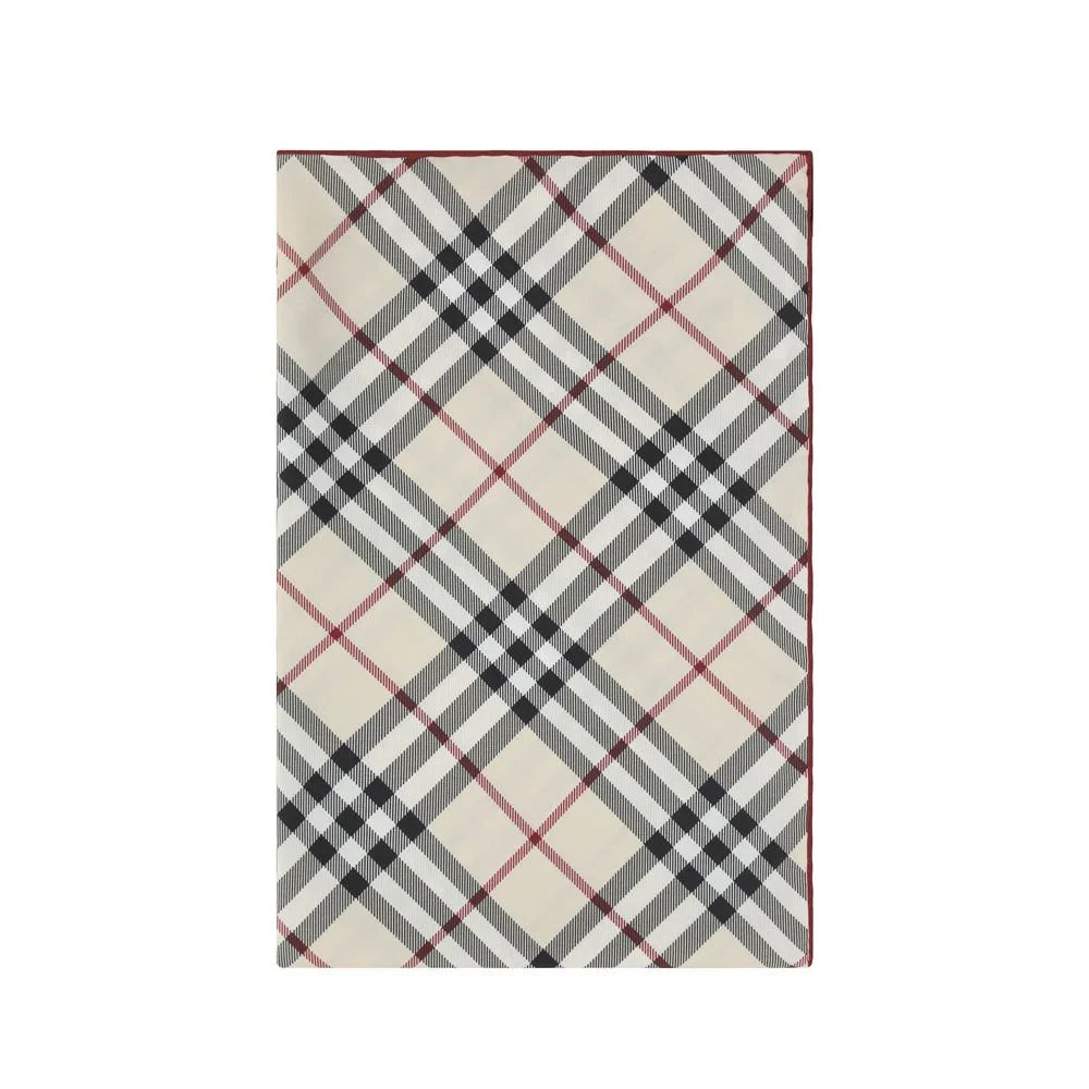 Rectangular fabric with beige, black, white, and red checkered plaid pattern