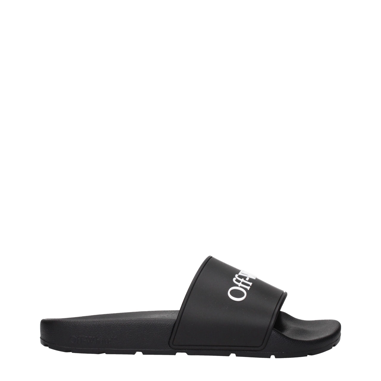 Black Off-White slide sandal with white logo on strap, cushioned sole, side view