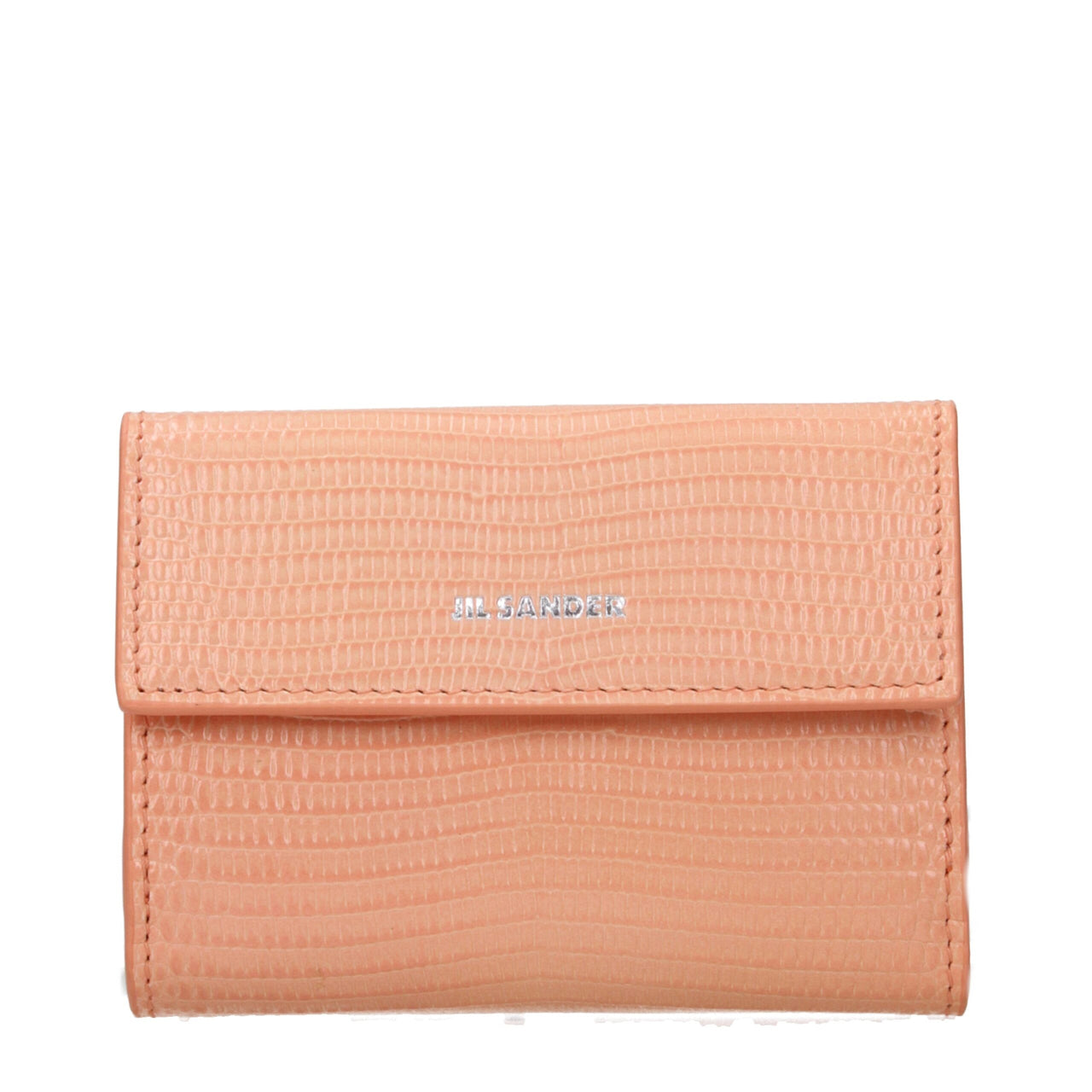 Jil Sander peach textured leather wallet with silver logo and fold-over flap