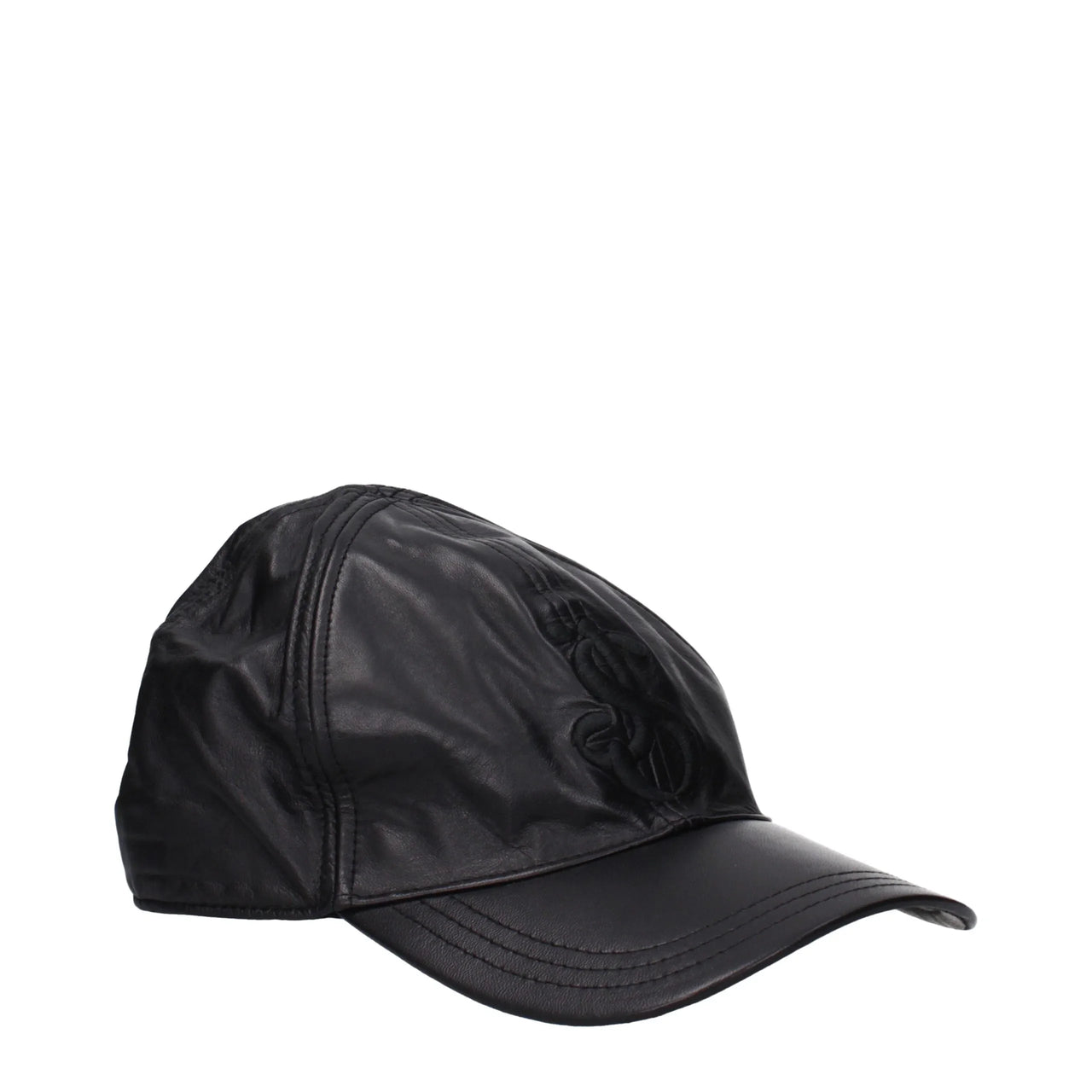 Black leather baseball cap with stitched details and curved brim on white background
