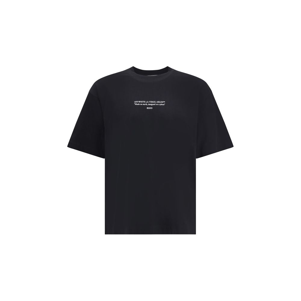 Black Off-White T-shirt with white text logo on chest, short sleeves, crew neck