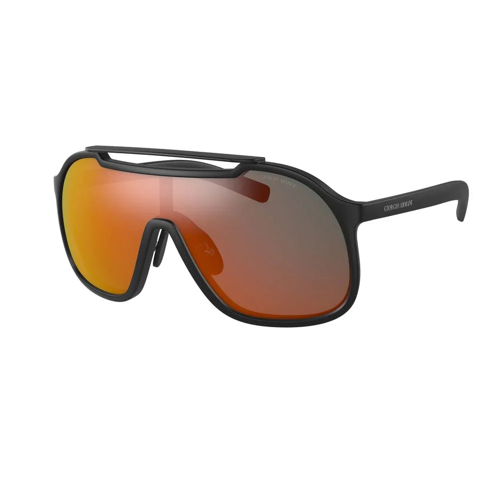 Giorgio Armani black frame sunglasses with orange mirrored shield lenses and double bridge