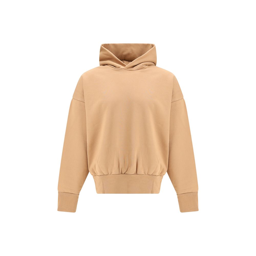 Beige cropped hoodie with long sleeves and elastic hem on white background