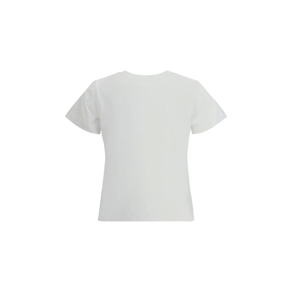 White short-sleeve women's t-shirt with small embroidered flower and Moncler logo on chest